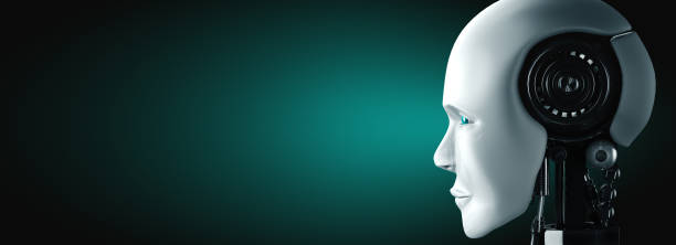 istock Robot humanoid face and eyes close up view 3D rendering 1301128437