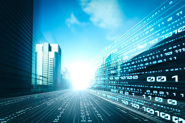 istock Digital data flow on road with motion blur to create vision of fast speed transfer 1301129536