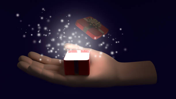istock A hand in the dark gives a gift. Magic light from an open gift box. 1301130505