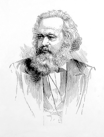 Vintage engraving features a portrait of Karl Marx, a German philosopher, radical economist, and revolutionary leader who founded modern socialism. His basic idea, known as Marxism, forms the foundation of socialist and communist movements throughout the world.