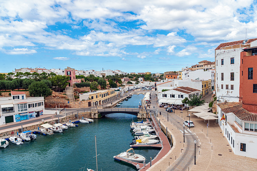 Ciutadella, Spain - September 05 2020: Aerial view of City and Marina de Ciutadella - Menorca, Balearic islands, Spain