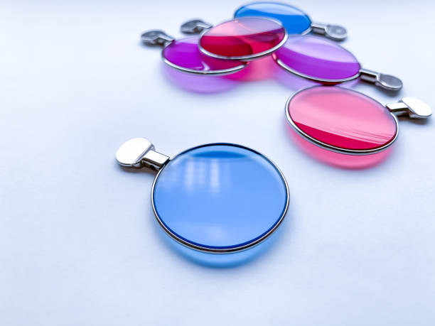istock colored trial eyeglass lenses for color blindness correction. 1301133033
