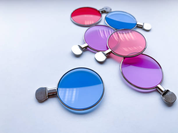 istock colored trial eyeglass lenses for color blindness correction. 1301133050