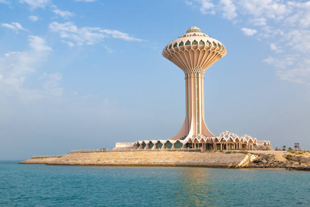 Khobar Water Tower at golden hour in the evening Al Khobar, February 6, 2021. Khobar Water Tower at golden hour in the evening, Eastern Province, Saudi Arabia dammam photos stock pictures, royalty-free photos & images