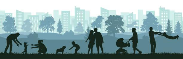 Lifestyle of people, silhouette of happy family, man, woman and child. First steps baby, birth of child, love, happiness. Vector illustration. Lifestyle of people, silhouette of happy family, man, woman and child. First steps baby, birth of child, love, happiness. Vector illustration. cityscape silhouettes stock illustrations