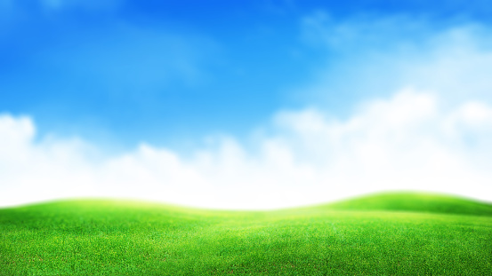 Green grass field and sunny sky with clouds over horizon. Soft focus wide summer landscape backdrop