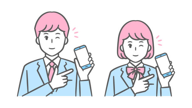 Illustration blazer uniform of junior high and high school students pointing to smartphone and winking Illustration of a junior high and high school man and woman who winks pointing to the smartphone Blazer uniform japanese boy uniform cartoon stock illustrations