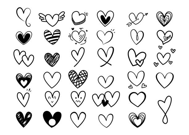 ilustrações de stock, clip art, desenhos animados e ícones de vector set hand drawn hearts  isolated, simple flat design heart with cute. - i love you frase em inglês