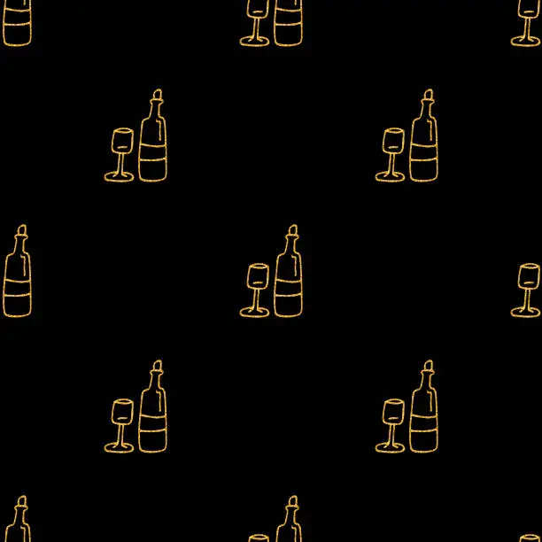 Vector illustration of bottles and glasses seamless pattern. wine and wineglasses pattern. golden bottles of alcohol.packaging for elite luxury alcoholic products. design for gift paper, wrapping,postcard, package ,fabric.