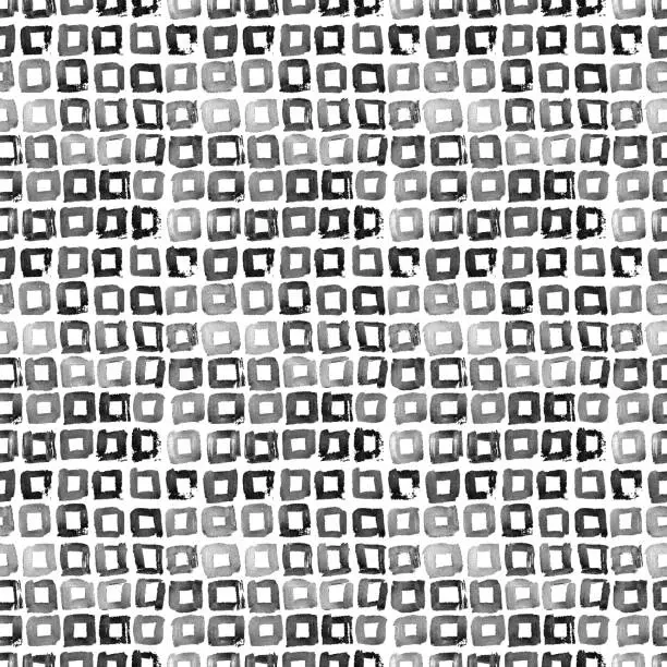 Vector illustration of Small hand-painted squares with uneven edges arranged in a row on a white piece of paper - abstract seamless pattern design in vector - modern unique minimalistic textured pattern made by water and black ink - threedimensional composition