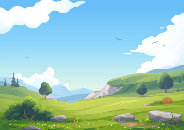 ilustraciones, imágenes clip art, dibujos animados e iconos de stock de hermoso paisaje montañoso - landscape sky field meadow