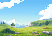 A beautiful hilly landscape with bushes, hills, mountains and green meadows under a blue, cloudy sky. Vector illustration with space for text.