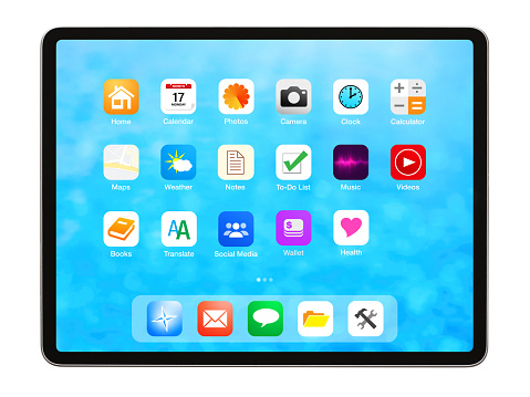 Tablet computer isolated on white background, home screen mockup with app icons.