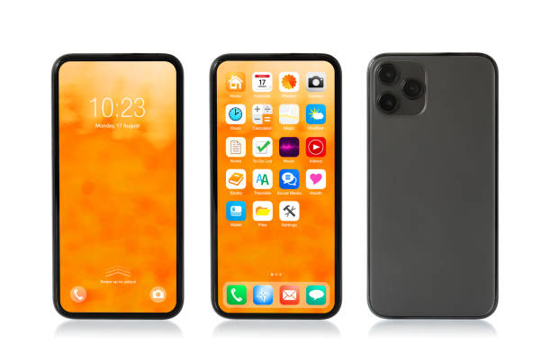 istock Isolated cell phone on white background. Mockup home screen and back side. 1301140246
