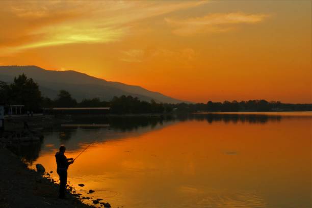 A senior man doing fly-fishing in a boat on a lake of Lanaudiere, Quebec, during a beautiful sunrise of summer.