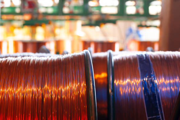 istock Copper wire reels in cable factory close up 1301142390