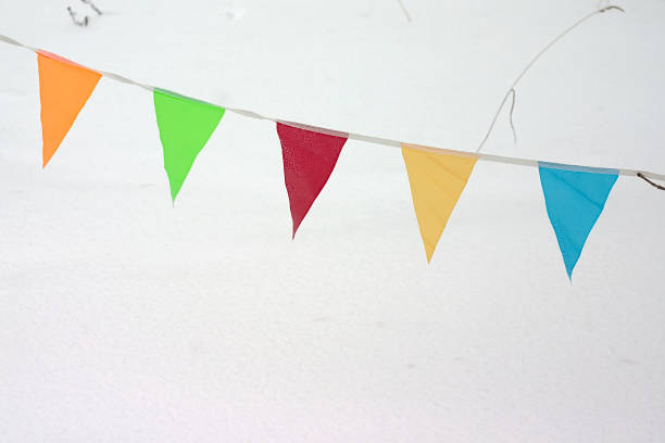 istock multi-colored flags of the ski track fence 1301142496