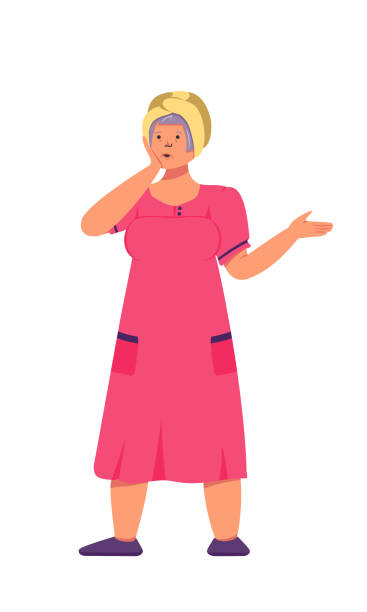 Grandmother in a pink robe and a turban on her head. The surprised face of an elderly man, hand pressed to his cheek. Vector flat cartoon illustration