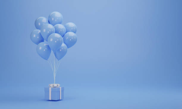 istock 3d rendering. Blue gift box with balloons on pastel background with copy space 1301144551