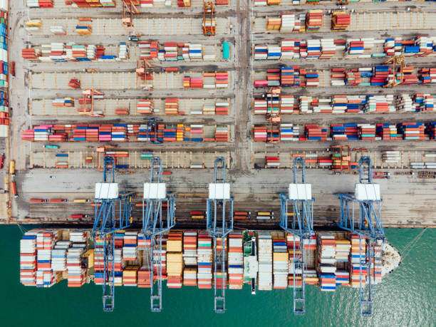 istock Moving truck with product e-commerce working industry area Cargo container box Ship import to in Port of capital bangkok thailand south east asia 1301144647