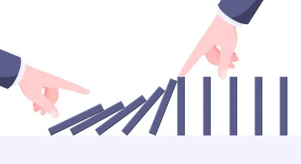 Vector illustration of Domino effect business concept. One hand starts chain reaction of falling board game blocks of dominoes