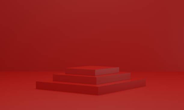 istock Empty red platform for showing product. podium in red studio room. 3d render 1301144933