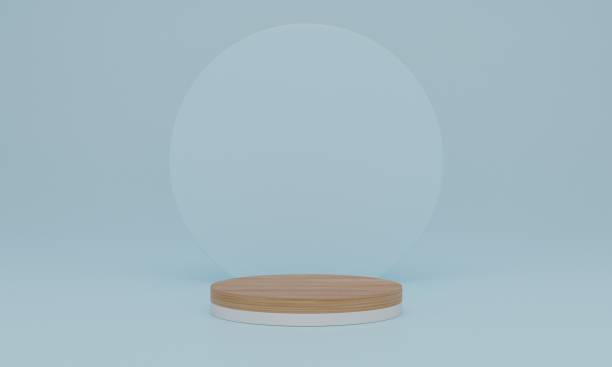istock 3d rendering. wood podium on blue background. Pedestal or platform 1301144955