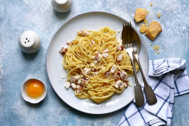 istock Traditional italian spaghetti alla carbonara with bacon, egg and parmesan cheese 1301146369