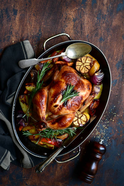 istock Oven baked chicken with roasted vegetables in a skillet pan 1301146449
