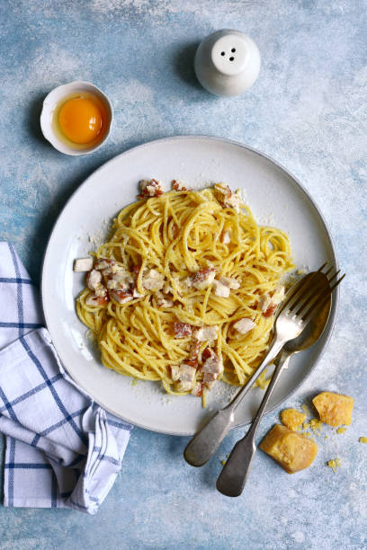 istock Traditional italian spaghetti alla carbonara with bacon, egg and parmesan cheese 1301146456