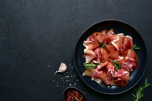 Slices of prosciutto di parma or jamon serrano (iberico)  on a black plate on a dark slate, stone or concrete background. Top view with copy space.