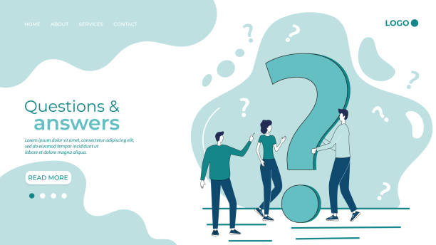 Questions and answers Questions and answers.Businessmen search for answers and solve problems next to a big question mark.support service, online consultations, reference agency.Flat vector illustration. interview event backgrounds stock illustrations