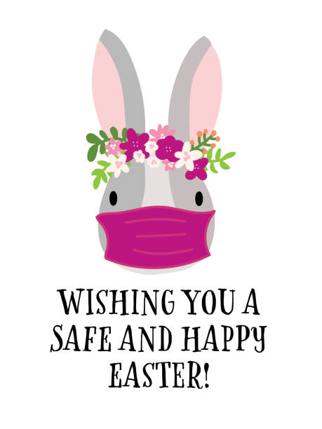 ilustrações de stock, clip art, desenhos animados e ícones de covid easter rabbit greeting card template vector. happy easter 2021 stay home and safe. coronavirus bunny with medical protective face mask. cute hand drawn illustration isolated on white background. - coroa de flores