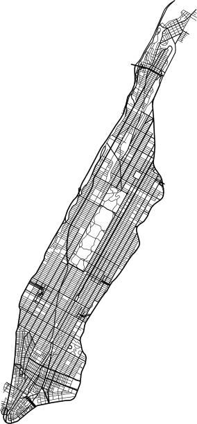 ilustrações, clipart, desenhos animados e ícones de mapa de manhattan de linhas pretas de estradas de automóveis de espessura diferente em fundo branco. ilustração vetorial. - manhattan