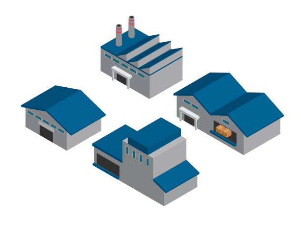 ilustraciones, imágenes clip art, dibujos animados e iconos de stock de edificio de almacén de fábrica isométrica - distribution warehouse illustrations