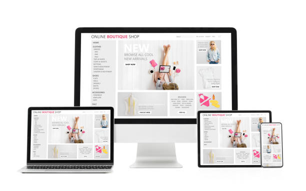 Adaptive and responsive web design concept showing sample website on different tech gadgets and screen sizes. Adaptive and responsive web design concept showing sample website on different tech gadgets and screen sizes. Isolated on white device mockups stock pictures, royalty-free photos & images