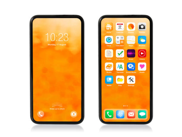 istock Mobile phone with locked and home screens isolated on white, mockup of user interface and app icons. 1301151597