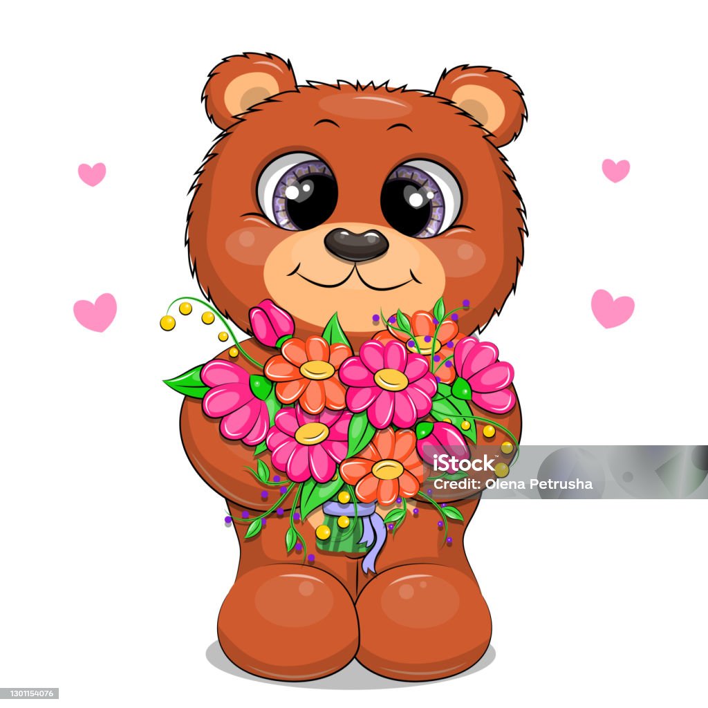 Cute Cartoon Brown Bear With Flowers Stock Illustration - Download Image  Now - Cartoon, Flower, Teddy Bear - iStock