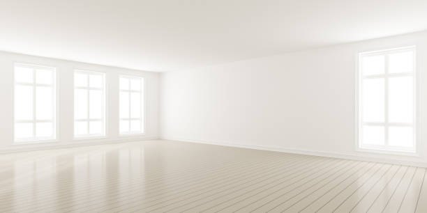 istock 3d render of modern empty room with wooden floor and large white plain wall. 1301157012
