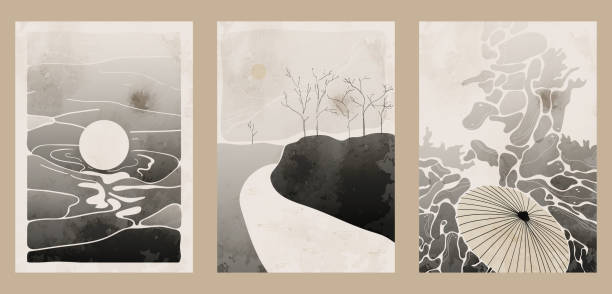 istock Set of three backgrounds with watercolor texture and thin lines, sea, sun, water, umbrella, trees, mountains. 1301157471