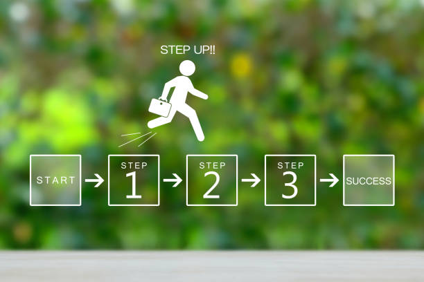 ビジネスコンセプト、自然な緑の背景を踏み上げるビジネスマン - プロセス ストックフォトと画像