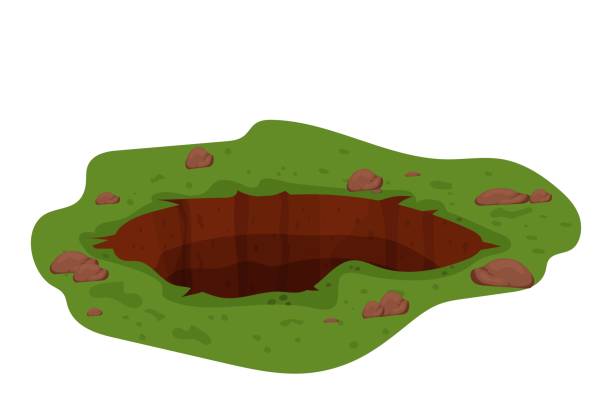 ilustrações, clipart, desenhos animados e ícones de buraco no chão, poço profundo com grama e pedras isoladas na ilustração do vetor de fundo branco. entrada suja e escura no gramado, desenho detalhado em estilo desenho animado. - dirt eroded nature abstract nature