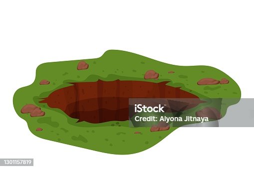 istock Ground hole, deep pit with grass and stones isolated on white background stock vector illustration. Dirty, dark entrance on lawn, detailed drawing in cartoon style. 1301157819
