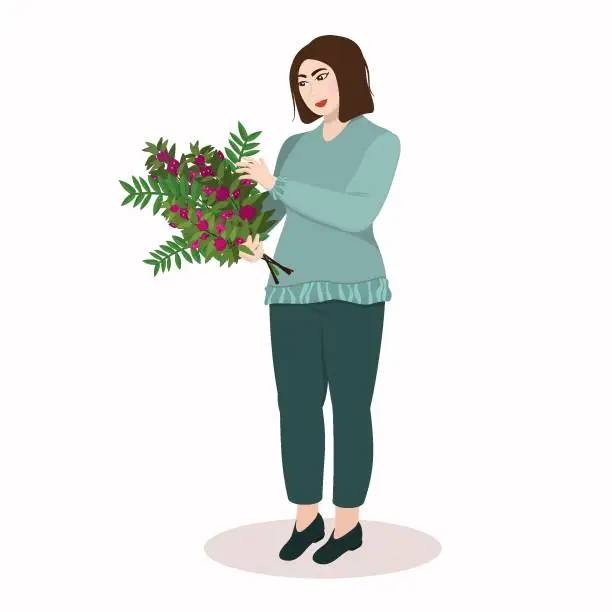 Vector illustration of a young Asian woman stands and holds a bouquet of flowers in her hands. Illustration on the theme of spring, International Women's Day and  mother's day