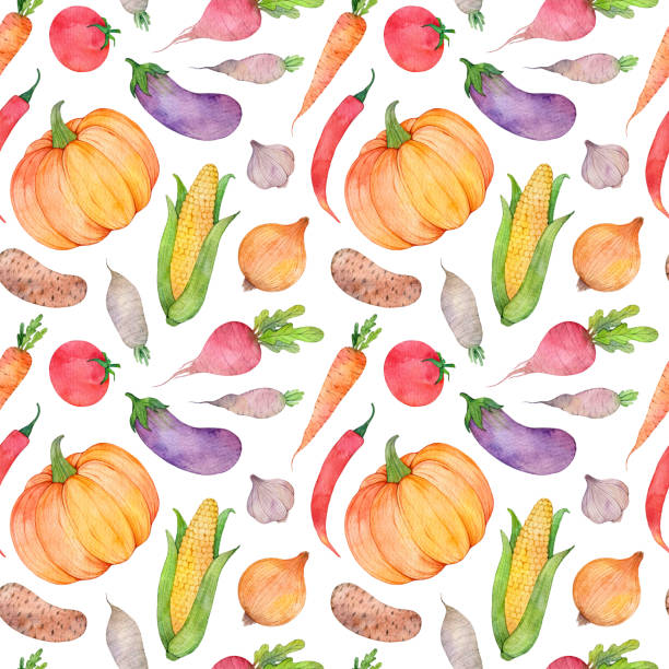 istock Watercolor seamless pattern with vegetables on white background. Hand drawn food illustration. 1301162182