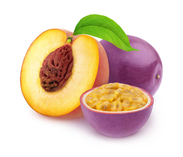 Composite image with whole and halved exotic fruits - peach and passion fruit isolated on white. As design element. Composite image with whole and halved exotic fruits - peach and passion fruit isolated on white background. With clipping path. flesh fly photos stock pictures, royalty-free photos & images