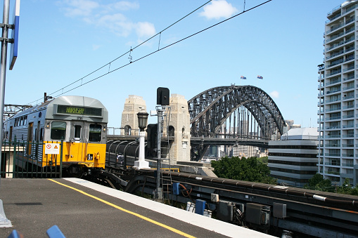 Sydney, Australia - October 18, 2007: Train arriving to train station at north Sydney with harbour bridge background.