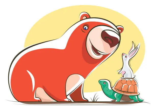 Vector illustration of bear meeting rabbit and tortoise