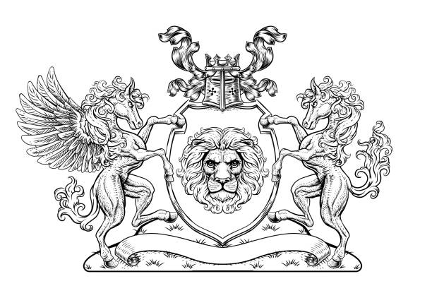 illustrations, cliparts, dessins animés et icônes de crest pegasus horse coat of arms lion shield seal - pegasus horse symbol mythology