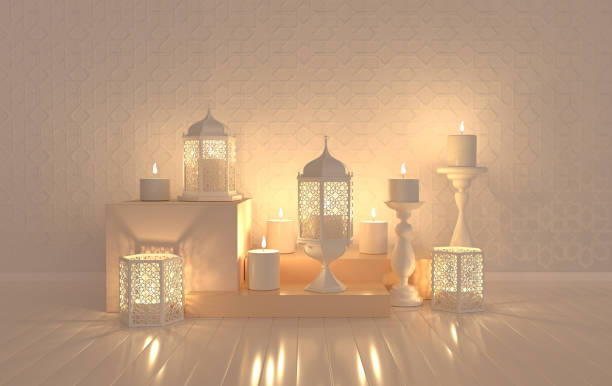White lantern with candle, lamp with arabic decoration, arabesque design. Concept for islamic celebration day ramadan kareem or eid al fitr adha. 3d rendering illustration